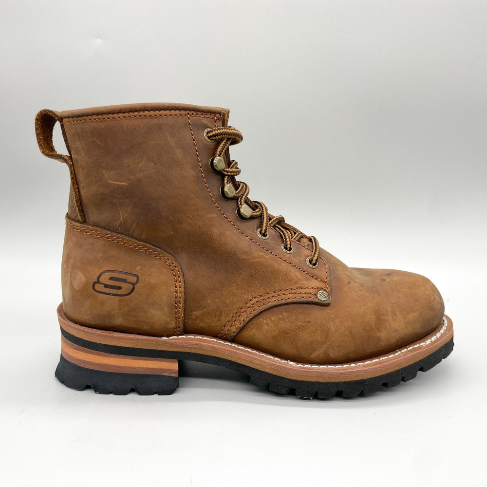 Skechers Mens 9.5 Cascades Logger Work Boots Brown Leather Rugged Hiking Utility